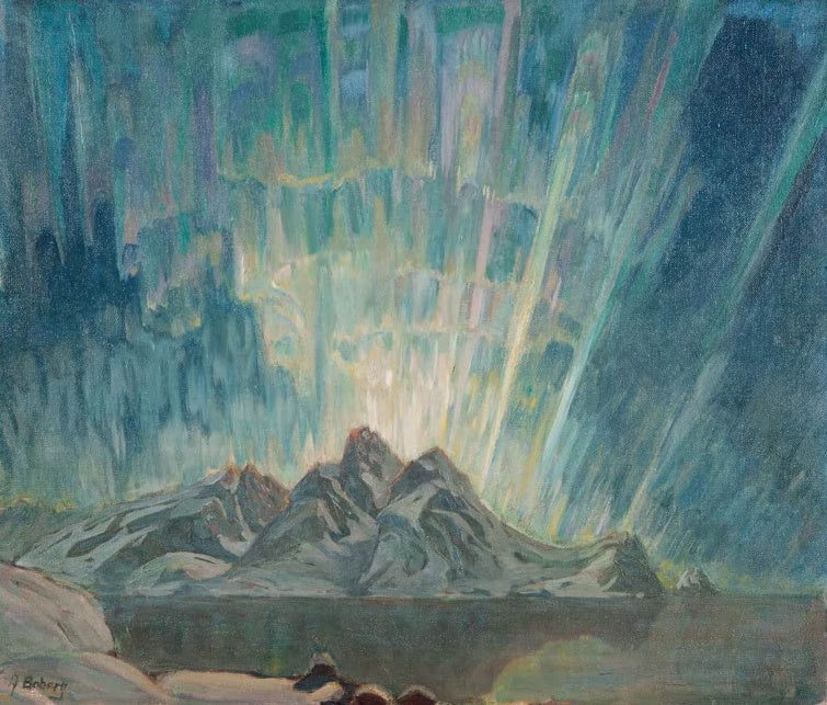 Anna Boberg Nordlichter Kunstkopie, türkis-blaue Polarlichtstrahlen über dunkler Bergsilhouette und Wasser