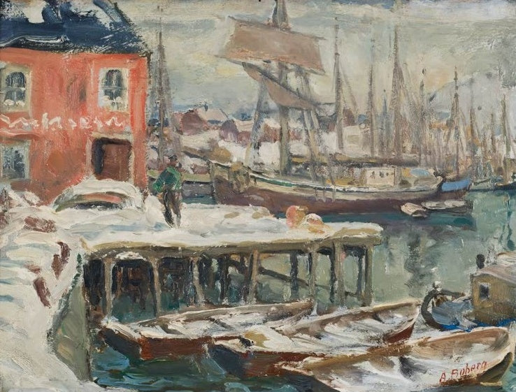 Anna Boberg Steg Lofoten Kunstkopie, verschneiter Holzsteg mit Ruderbooten vor rotem Lagerhaus und Segelschiff