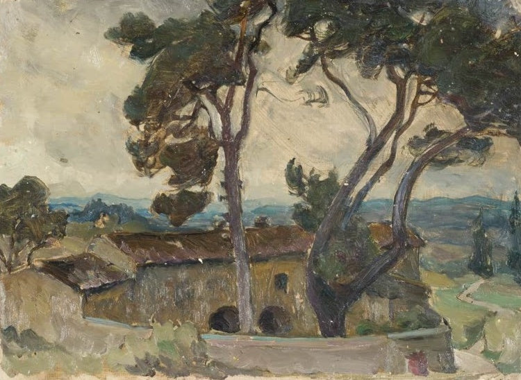 Anna Boberg Studie aus Spoleto Kunstkopie, windzerzauste Pinien vor ockerfarbener Villa in Mittelitalien