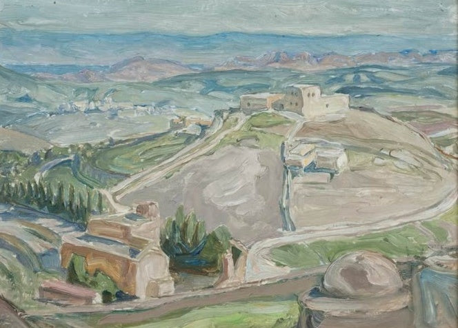 Anna Boberg Studie von Gethsemane Kunstkopie, weite Hügellandschaft bei Jerusalem mit Kloster und Zypressen