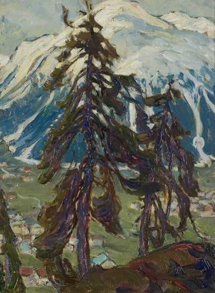 Anna Boberg Tannen vor Bergen Kunstkopie, dunkle Tannensilhouette vor schneebedecktem Gebirge in Nordnorwegen