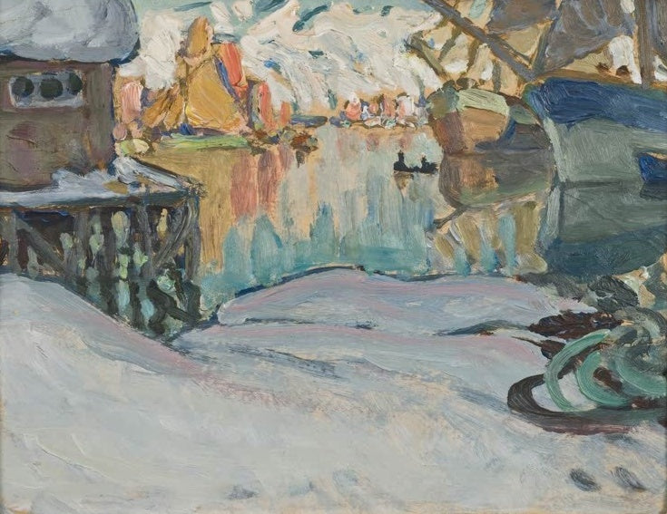 Anna Boberg Vom Hafen in Svolvaer Kunstkopie, bunte Lichtreflexe im Wasser des winterlichen Fischerhafens