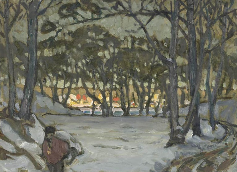 Anna Boberg Winterstudie aus Djurgården Kunstkopie, verschneiter Parkweg mit kahlen Bäumen und fernen Lichtern
