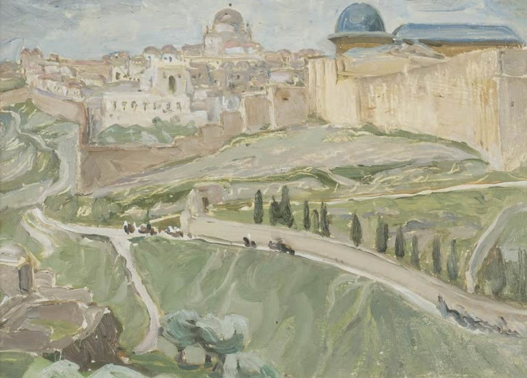 Stadtmauer und blaue Kuppel über Hügeln mit Zypressen und Weg – Anna Katarina Boberg Bei Jerusalem Kunstkopie