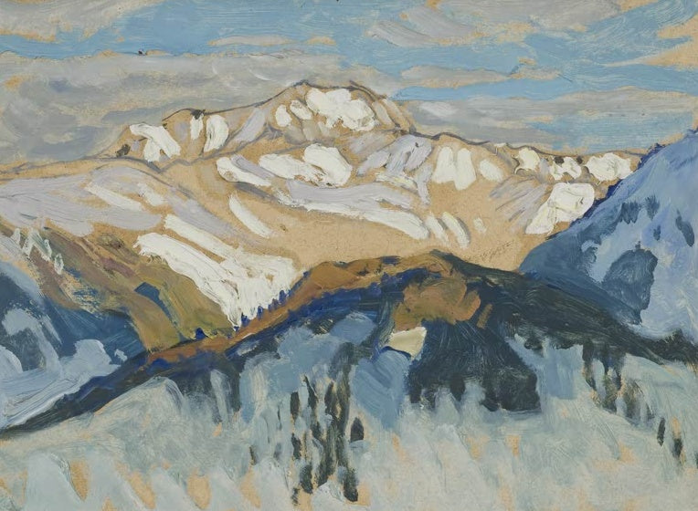 Schneebedeckte Bergkuppen unter bewölktem Himmel, breit gemalt – Anna Katarina Boberg Berglandschaft Kunstkopie