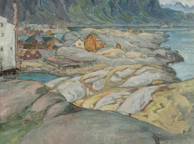 Rote und gelbe Häuser auf hellen Felsen vor steilen Bergen – Anna Katarina Boberg Das Dorf am Fuße des Berges Kunstkopie