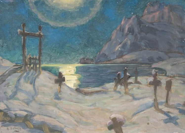 Verschneiter Friedhof mit Holzkreuzen im Mondlicht am Fjord – Anna Katarina Boberg Der Friedhof in den Bergen Kunstkopie