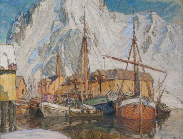 Fischerboote und gelbe Lagerhäuser vor schneeweißer Bergwand – Anna Katarina Boberg Der Hafen von Svolvaer Kunstkopie