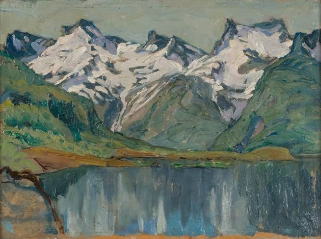 Schneebedeckte Gipfel spiegeln sich im dunklen Bergsee – Anna Katarina Boberg Ein Bergsee Kunstkopie