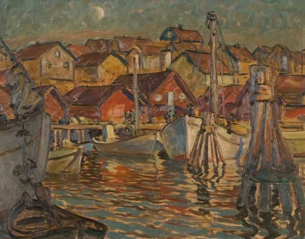 Hafen bei Nacht mit Booten, Pfählen und roten Häusern unter Mondsichel – Anna Katarina Boberg Ein Fischereihafen Kunstkopie