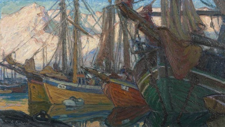 Fischerboote mit hohen Masten im Hafen vor hellem Berg – Anna Katarina Boberg Ein ruhiger Abend Kunstkopie