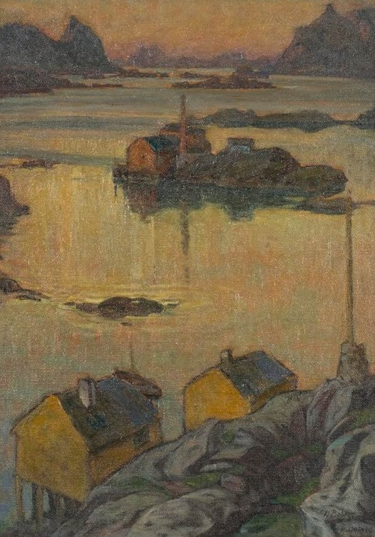 Gelbe Fischerhütten über spiegelndem Fjord im Abendlicht – Anna Katarina Boberg Eine Augustnacht Kunstkopie