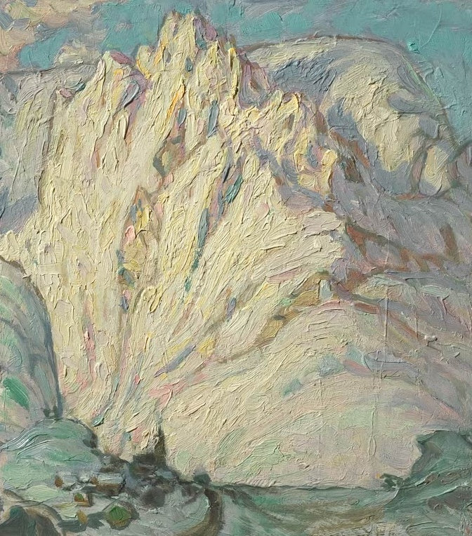 Gelblich beleuchteter Bergkamm mit Schnee unter türkisgrünem Himmel – Anna Katarina Boberg Schneebedeckte Berge Kunstkopie