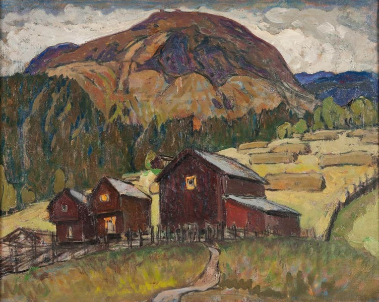 Rote Hütten vor herbstlich gefärbtem Bergrücken – Anna Katarina Boberg Sommerlandschaft mit Berghütten Kunstkopie