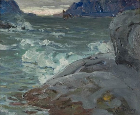Brandung an grauen Felsen unter bewölktem Himmel – Anna Katarina Boberg Strand Kunstkopie