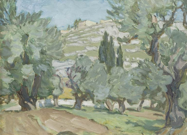 Olivenbäume und Zypressen vor einem Terrassenhang – Anna Katarina Boberg Studie aus Jerusalem Kunstkopie