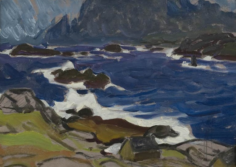 Dunkelblaues Meer mit weißer Gischt an Felsen vor Bergen – Anna Katarina Boberg Studie während eines Sturms Kunstkopie