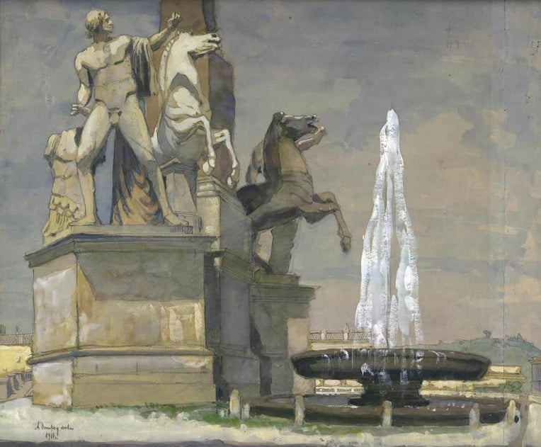 Anna Ostroumowa-Lebedewa Brunnen in Rom Kunstkopie, Rossebändiger und Wasserstrahl unter bewölktem Himmel