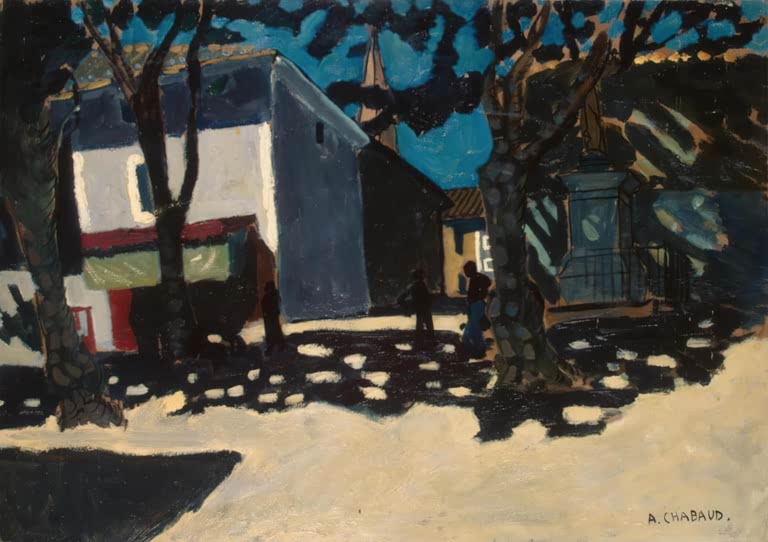 Dorfplatz mit hellen Häusern und Schattenmuster unter Platanen – Auguste Chabaud Dorflandschaft Kunstkopie