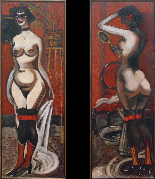 Zwei hochformatige Frauenakte vor rotem Grund mit Strümpfen und Spiegel – Auguste Chabaud Zwei große Akte Kunstkopie
