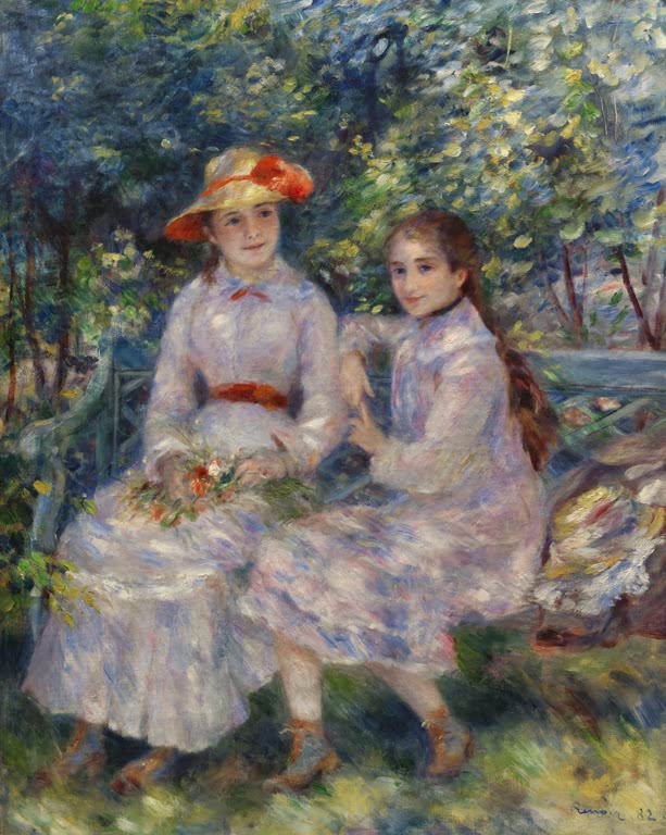 Zwei Mädchen in hellen Kleidern auf einer Gartenbank im Grünen – Auguste Renoir Die Töchter von Durand-Ruel Kunstkopie