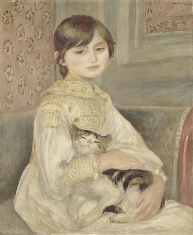 Mädchen mit Katze im Arm auf einem Sofa vor gemusterter Tapete – Auguste Renoir Julie Manet (Kind mit Katze) Kunstkopie
