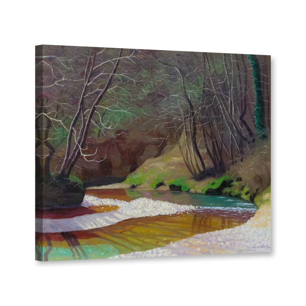 Bachlauf im winterlichen Unterholz mit hellem Kiesufer von Félix Vallotton als Leinwand – Perspektivansicht