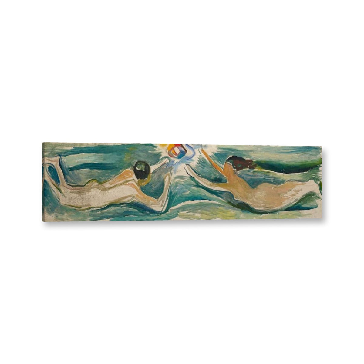 Begegnung im Weltraum, Schwimmer mit Ball von Edvard Munch als Leinwand – Perspektivansicht