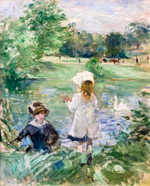Berthe Morisot Am Seeufer Kunstkopie, zwei Mädchen in Weiß füttern einen Schwan am Ufer eines Parksees