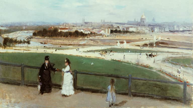 Weiter Blick über Paris, vorn Damen und ein Kind am Geländer – Berthe Morisot Ansicht von Paris vom Trocadéro aus Kunstkopie