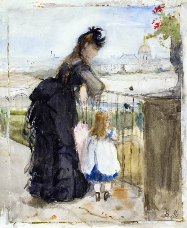 Dame in Schwarz und kleines Mädchen mit Schirm am Balkongeländer – Berthe Morisot Auf dem Balkon Kunstkopie