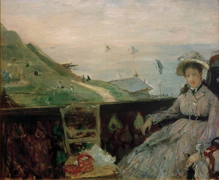Frau im grauen Kleid mit Hut sitzt auf einer Terrasse über dem Meer – Berthe Morisot Auf der Terrasse Kunstkopie