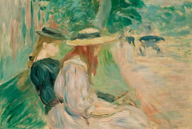 Berthe Morisot Auf einer Bank im Bois de Boulogne Kunstkopie, zwei Frauen mit Strohhüten auf einer Parkbank im Schatten