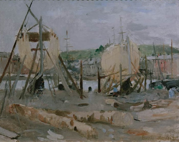 Im Bau befindliche Schiffe auf einer Werft unter grauem Himmel – Berthe Morisot Bateaux en constructions Kunstkopie