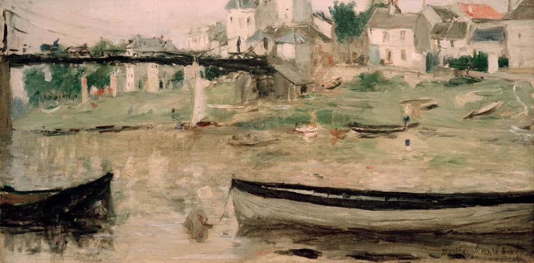 Zwei Ruderboote auf ruhigem Wasser vor Häusern am Ufer mit Brücke – Berthe Morisot Bateaux sur la Seine Kunstkopie