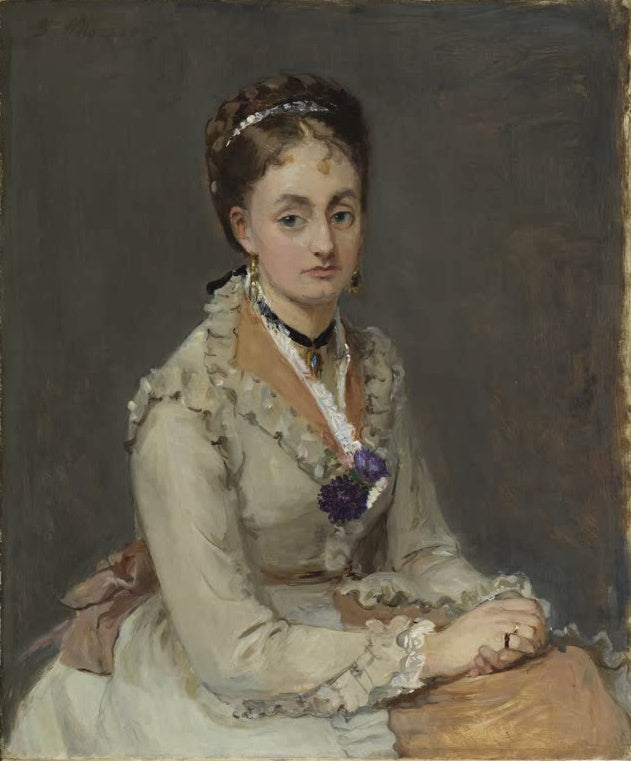 Halbfigur einer Frau im hellen Rüschenkleid mit Samtband vor dunklem Grund – Berthe Morisot Bildnis einer Frau Kunstkopie