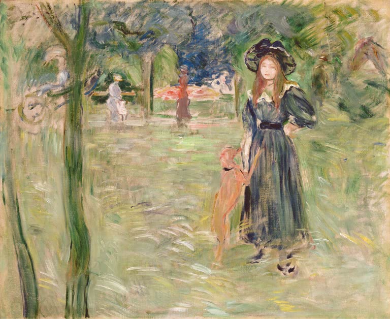 Mädchen mit Hut steht im Park, daneben ein Kind und Spaziergänger – Berthe Morisot Bois de Boulogne Kunstkopie