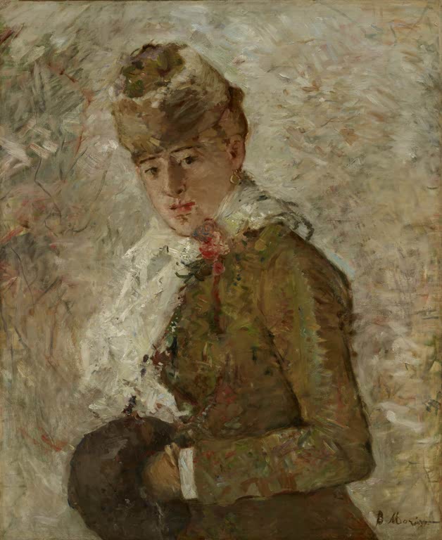 Dame mit Pelzmütze, olivgrünem Jackett und Muff vor flirrendem Hintergrund – Berthe Morisot Dame mit Muff Kunstkopie