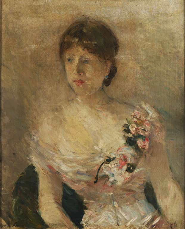 Halbbildnis einer Frau mit Haarknoten und Blumensträußchen am rosa Kleid – Berthe Morisot Damenbildnis Kunstkopie