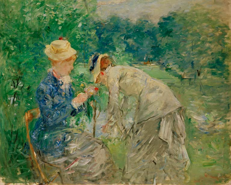 Zwei Frauen mit Hüten im Grünen, eine beugt sich vor – Berthe Morisot Dans le Bois de Boulogne Kunstkopie
