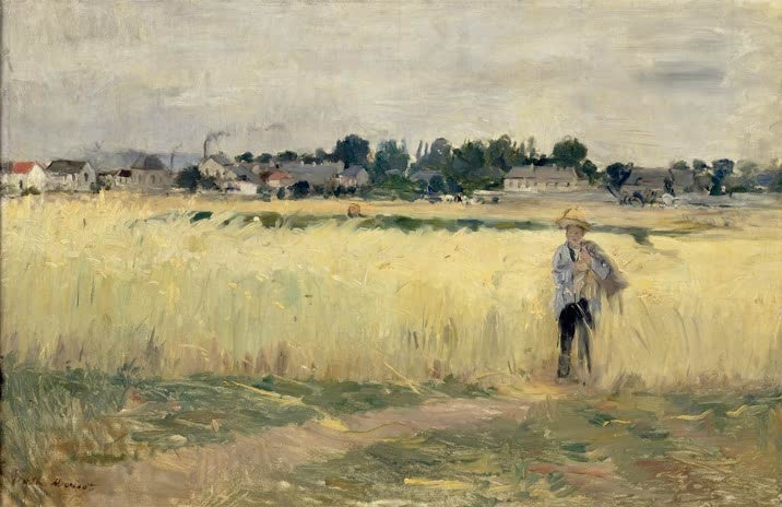 Mann im reifen Kornfeld vor Dorf – Berthe Morisot Dans les blés à Gennevilliers Kunstkopie
