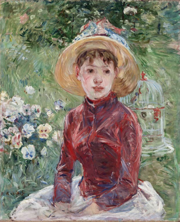 Mädchen mit Strohhut und rotem Mieder sitzt im Garten neben Stiefmütterchen – Berthe Morisot Das rote Mieder Kunstkopie