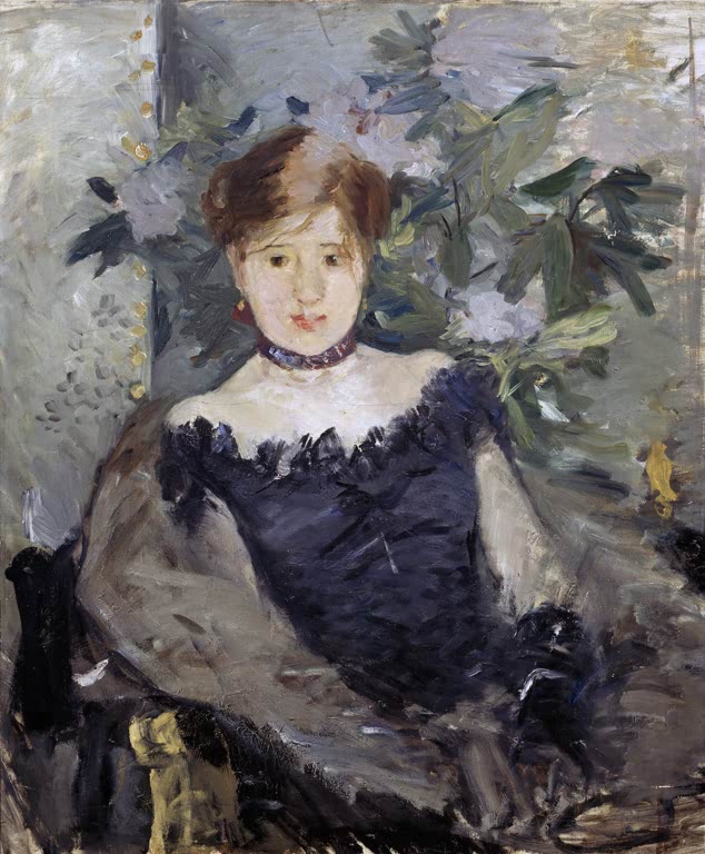 Junge Frau in dunkelblauem Kleid mit Halsband vor Blattwerk – Berthe Morisot Das schwarze Mieder Kunstkopie