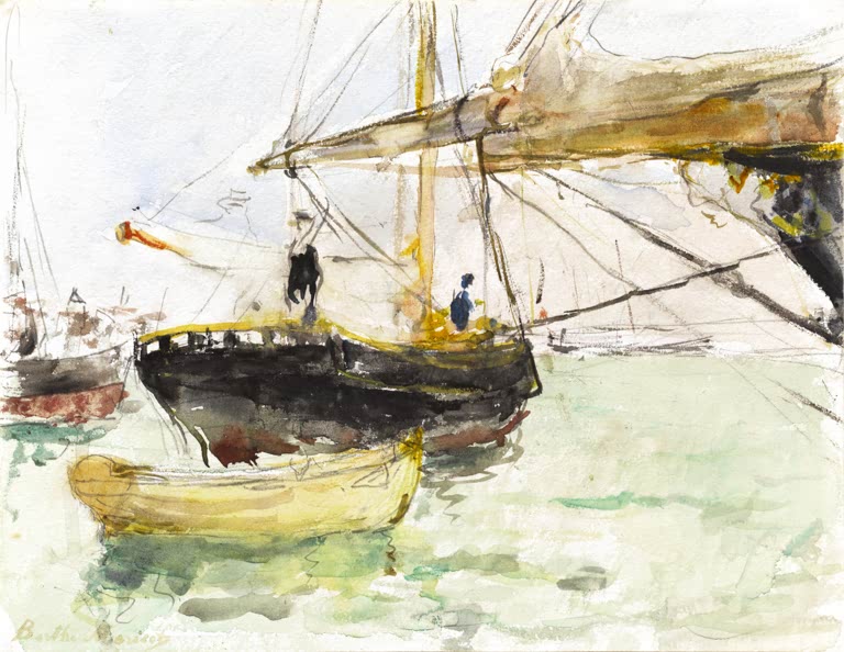 Aquarellierte Segelschiffe mit schwarzem Rumpf und gelbem Beiboot im Hafen – Berthe Morisot Der Bug einer Jacht Kunstkopie