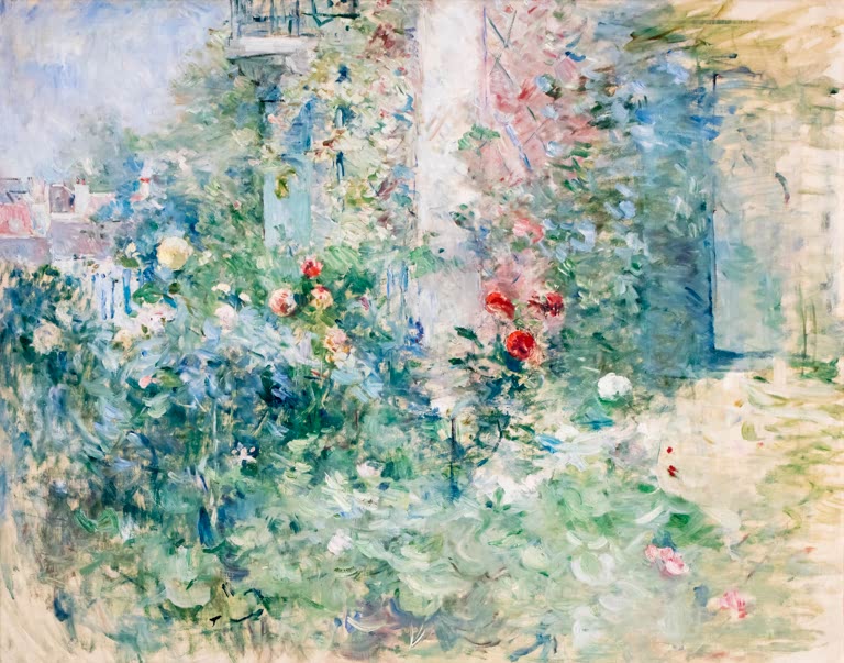 Üppiger Garten mit blühenden Rosen in hellen, flirrenden Farben – Berthe Morisot Der Garten in Bougival Kunstkopie