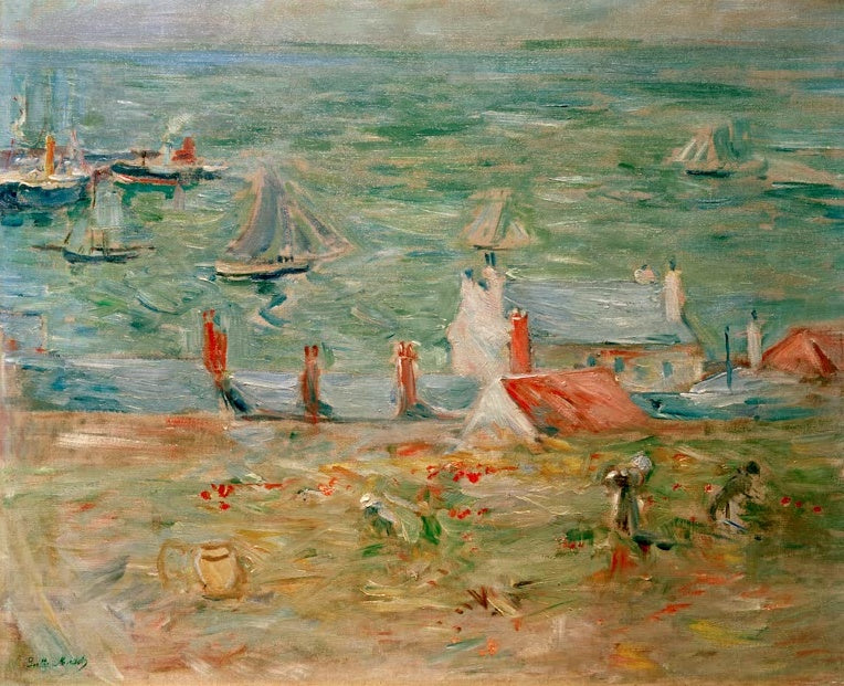 Berthe Morisot Der Hafen von Gorey Kunstkopie, Segelboote und rote Hausdächer am türkisfarbenen Hafenbecken