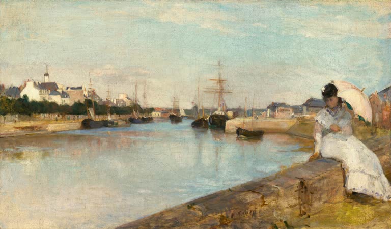 Ruhiger Hafen mit Segelschiffen, rechts sitzt eine Frau mit Schirm – Berthe Morisot Der Hafen von Lorient Kunstkopie