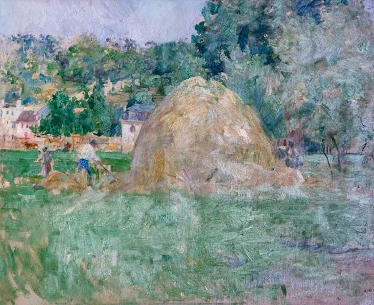 Berthe Morisot Der Heuschober Kunstkopie, großer Heuhaufen vor Häusern und Bäumen mit Bauern bei der Heuernte