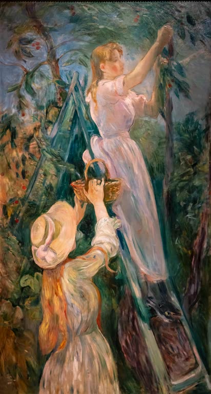 Mädchen pflücken Kirschen von einer Leiter in einem sommerlichen Garten – Berthe Morisot Der Kirschbaum Kunstkopie