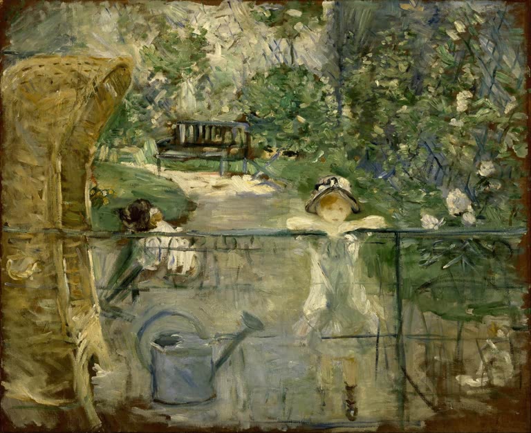 Garten mit Korbstuhl, Gießkanne und zwei Kindern hinter einem Geländer – Berthe Morisot Der Korbstuhl Kunstkopie